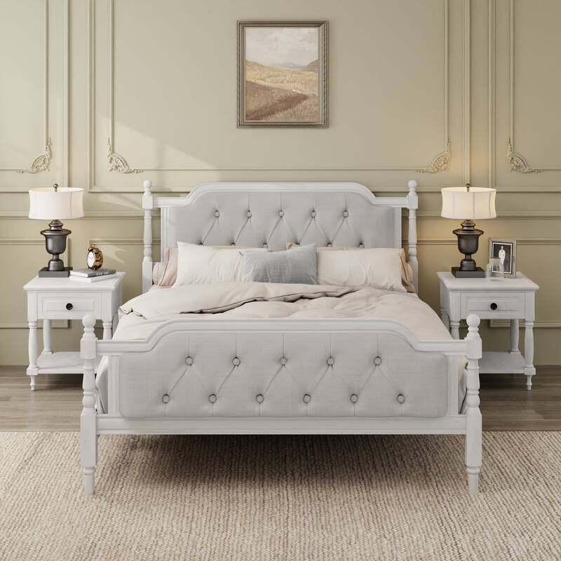 Wood Bed Frame with Button Tufted Headboard and Footboard, Upholstered Bed Four Poster Bed, No Box Spring Needed
