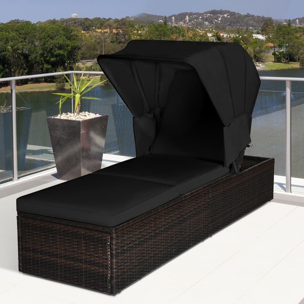 Gymax Rattan Patio Chaise Lounge Chair W/ Adjustable Canopy Black
