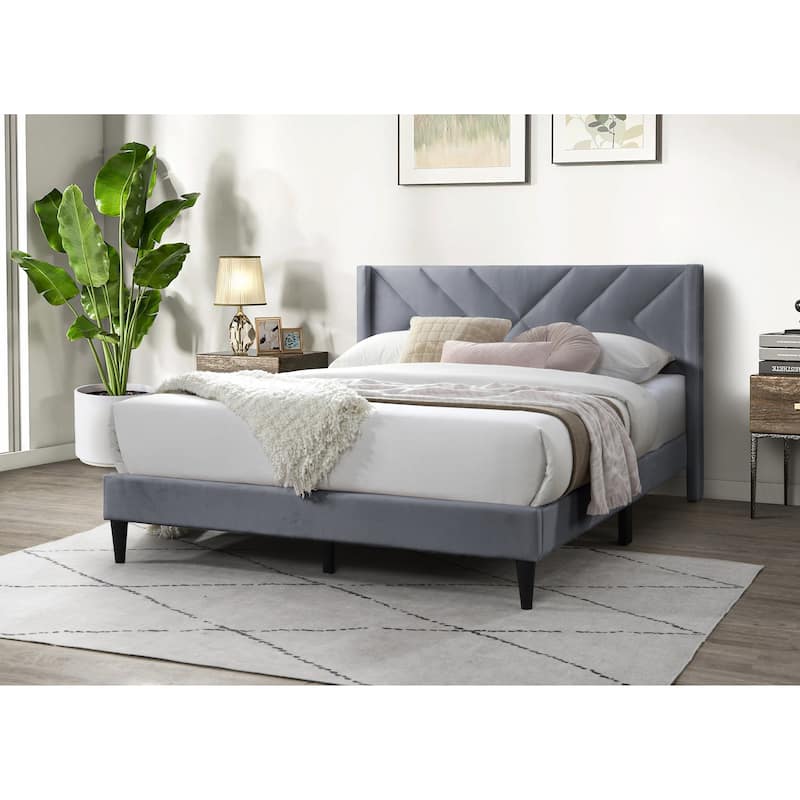 Modern Gray Velvet Upholstered Queen Size Bed with Geometric Headboard - Grey