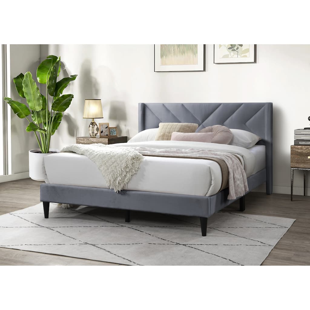Modern Gray Velvet Upholstered Queen Size Bed with Geometric Headboard