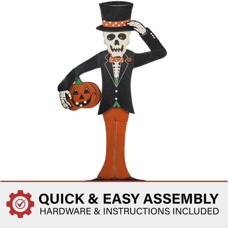 Haunted Hill Farm 46-In. Skeleton Holding a Carved Pumpkin Wood Yard Stake for Halloween Decoration