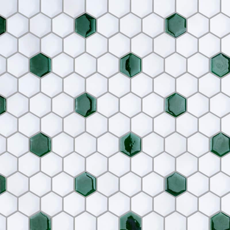 Merola Tile Metro Ion 1" Hex Emerald Dot w/Glossy White 10-1/4" x 11-7/8" Porcelain Mosaic Floor and Wall Tile