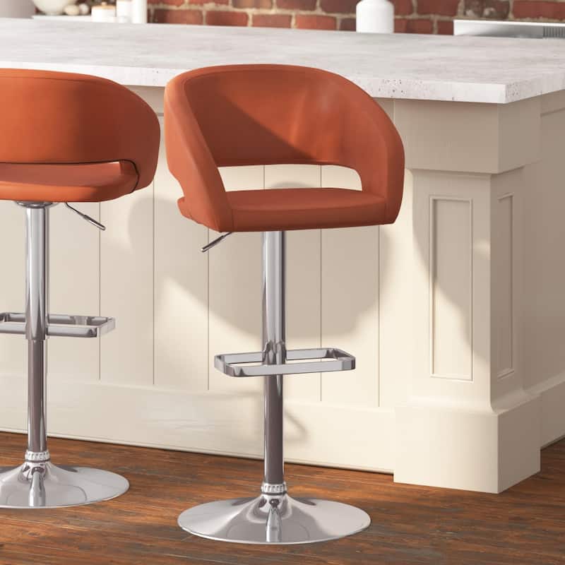 Modern Upholstered Adjustable Height Swivel Barstool with Footrest - Cognac Vinyl/Chrome Frame