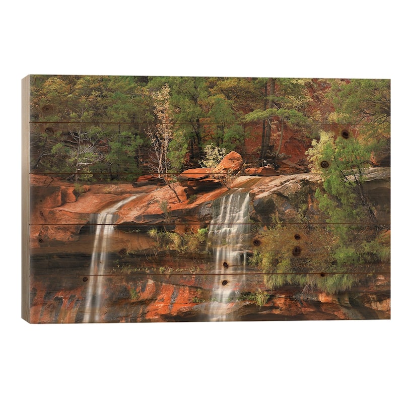 Cascades Tumbling 110 Feet At Emerald Pools, Zion National Park, Utah II Print On Wood by Tim Fitzharris - Multi-Color - 26x40x1.5
