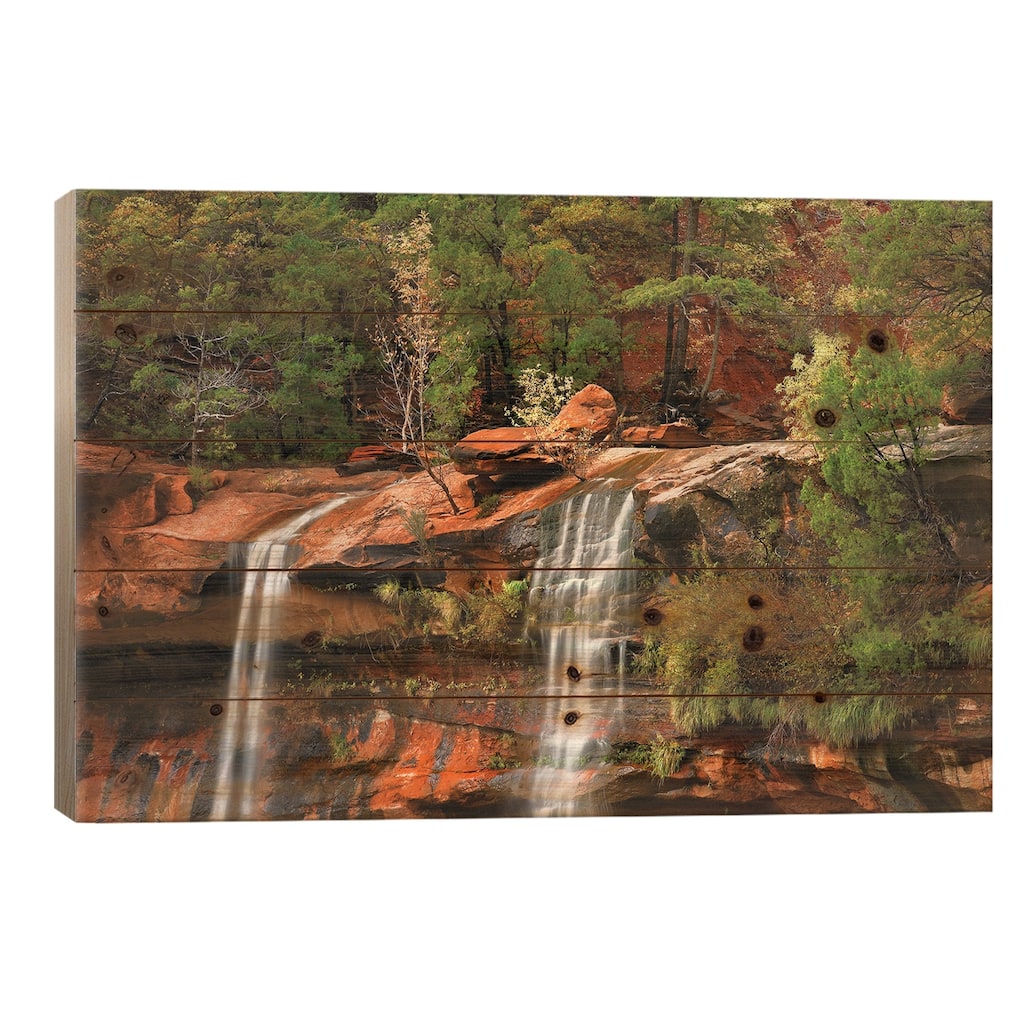 Cascades Tumbling 110 Feet At Emerald Pools, Zion National Park, Utah II Print On Wood by Tim Fitzharris - Multi-Color