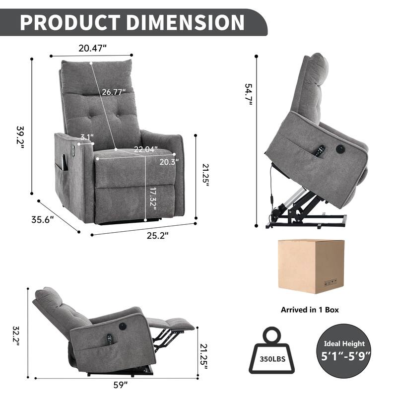 Single Motor Power Lift Recliner with USB Port and 155 Degree Recline
