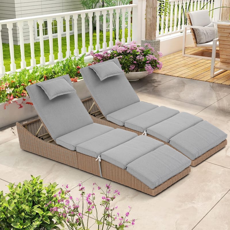 2 Pieces Wicker Cushioned Chaise Lounge Adjustable Recliner - Grey/Brown