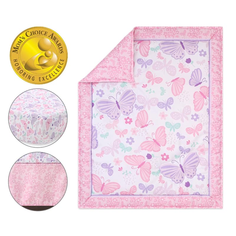 The Peanutshell Pink and Purple Butterfly Song Crib Bedding Set for Baby Girls, 3 Piece Nursery Set