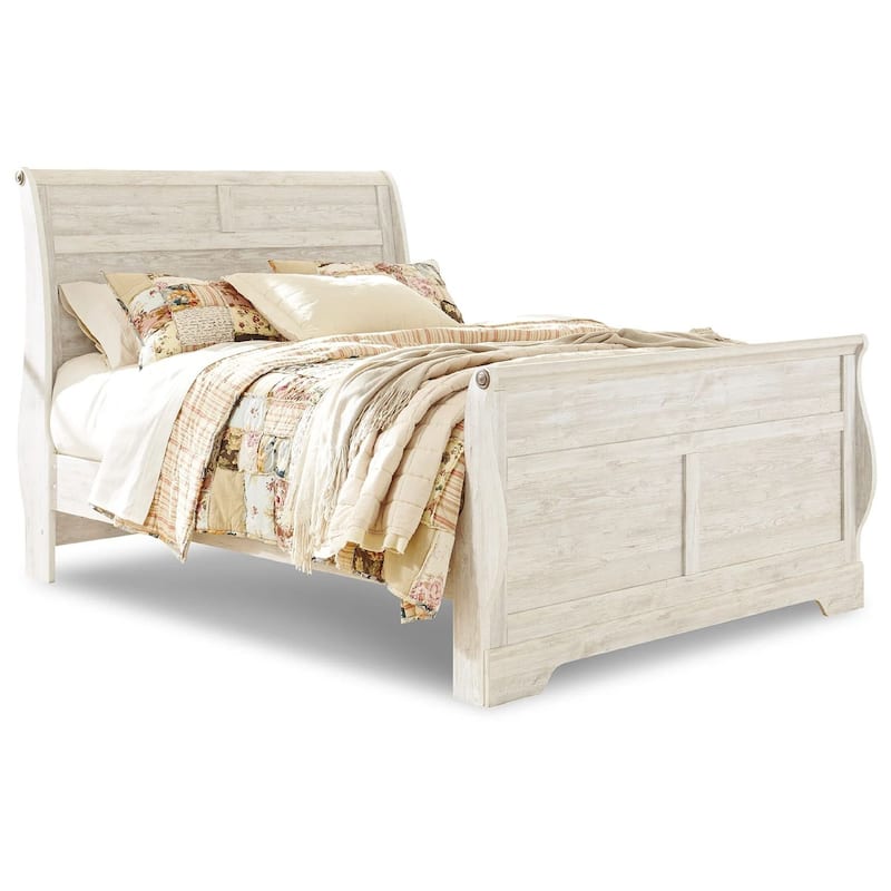 Isla Queen Sleigh Bed, Faux Planks, Farmhouse Whitewash Wood, Bronze