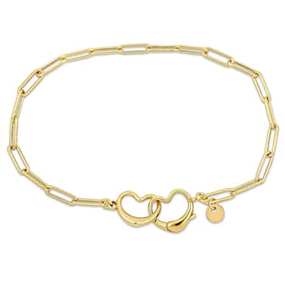 Miadora Paper Clip Link Bracelet with double heart clasp in Yellow Sterling Silver