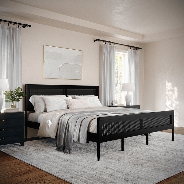 Martha Stewart Wooden Platform Bed with Rattan Inset Headboard and Footboard