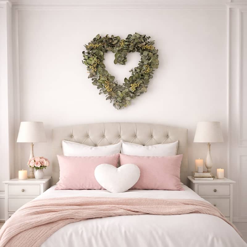 Preserved Real Eucalyptus Heart Wreath 14” Green Valentine’s Day Decorative Heart Wreath for Door, Wall, or Home Décor