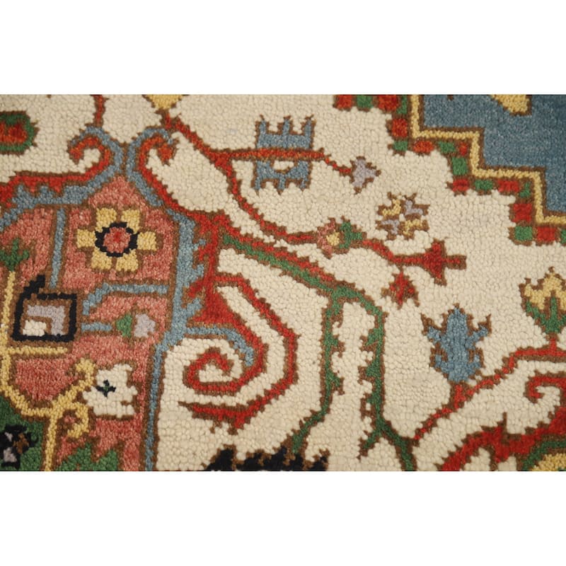 Hand Knotted Oriental 100% Wool Carpet Traditional Medallion Navy Blue & Blues Heriz (serapi) Area Rug - 11' 10'' X 8' 9''