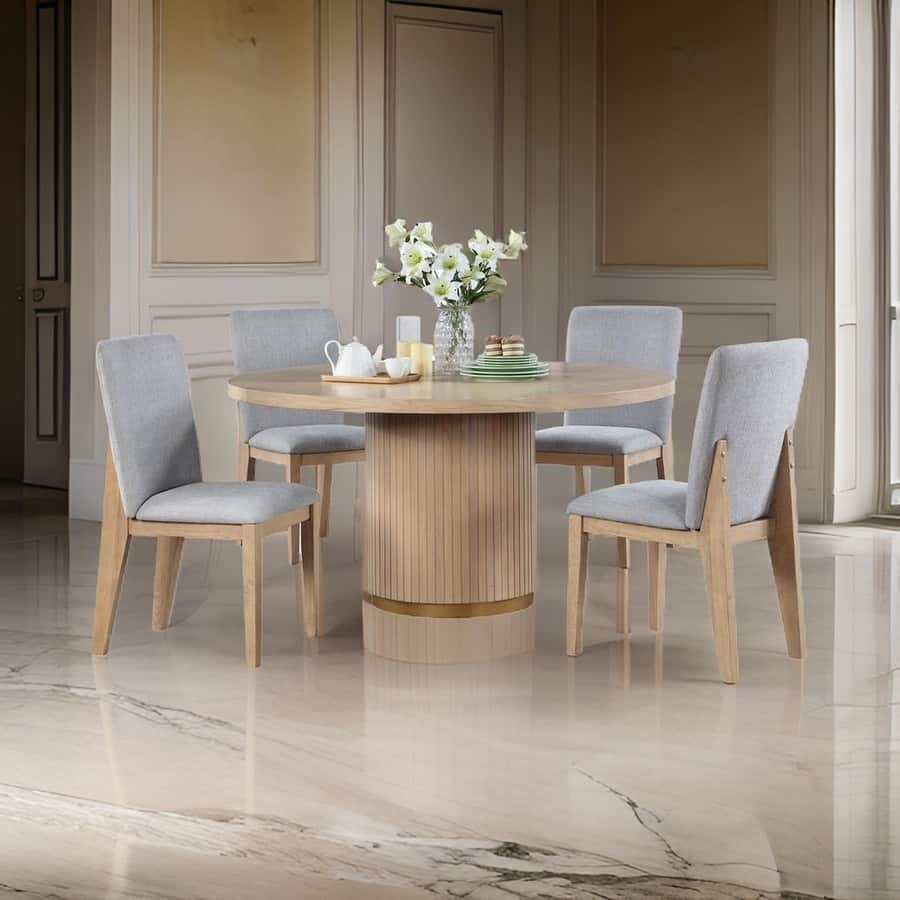 Emi 5 Piece Dining Table and Chairs Set, Round, Pedestal Base, Oak Brown