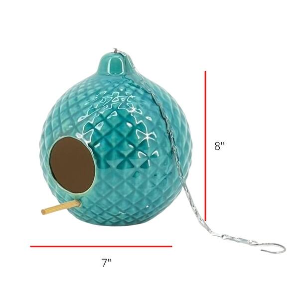 dimension image slide 2 of 4, Ceramic 8-Inch Round Quilted Birdhouse
