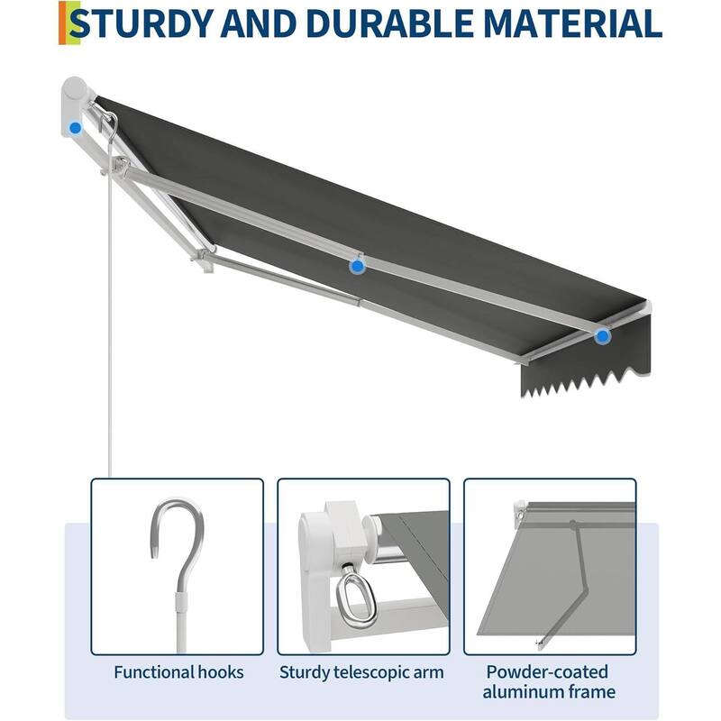 10'x8' Retractable Waterproof Patio Awning, Sun Shade Awning with Manual Crank Handle - N/A