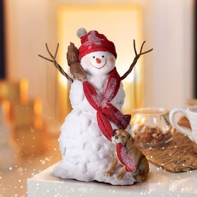 12" Resin Frosted Snowman W/Dog & Squirrel