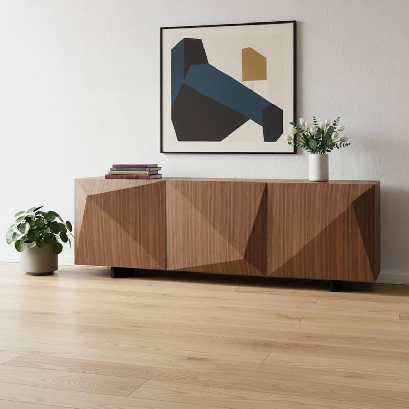 HomeRoots 87" Walnut Wood Carved Geometric Buffet Table With Three Doors - 87.00 in. x 29.00 in. x 20.00 in. - 87.00 in. x 29.00 in.  x 20.00 in.