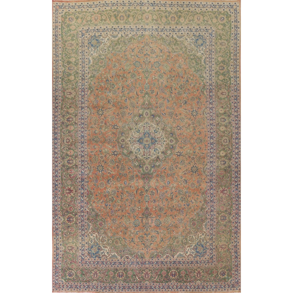 Hand Knotted Oriental 100% Wool Carpet Traditional Floral Oranges & Rust Mashad Area Rug - 13' 4'' X 9' 9''