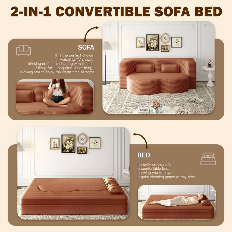 Modern Floor Sofa Bed, Convertible Corduroy Sleeper Couch Folding Loveseat with 2 Pillows