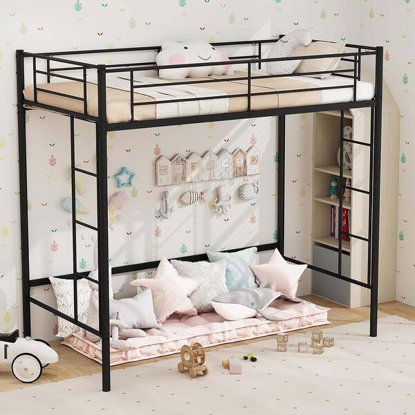 slide 2 of 8, Heavy Duty Loft Bed Frame Metal Loft Bed Twin Size w/ Guardrail