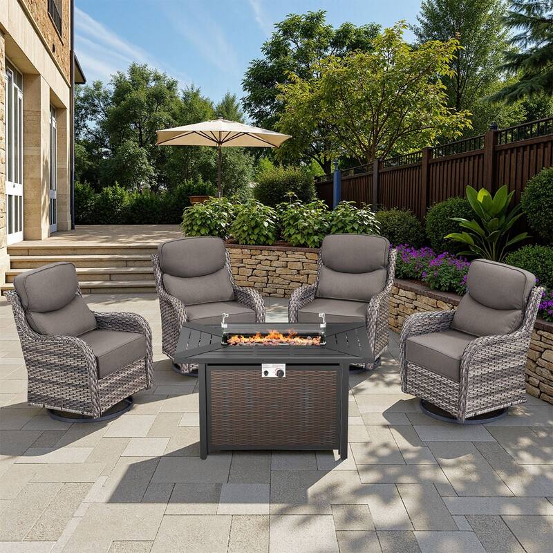 Arcadia 5-Piece Wicker Patio Set with 4 Swivel Glider Chairs and All-Iron Fire Pit - Gray Cushions - Gray Wicker