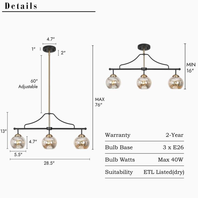 Modern Glam 3/6-Light Black Gold Linear Chandelier Kitchen Island Pendant Lights with Mercury Glass