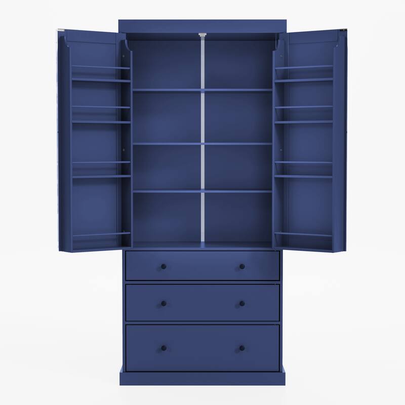 77" Farmhouse Pantry Cabinet - Tall Freestanding Storage with 3 Drawers & 11 Adjustable Shelves (8 Door + 3 Main) for Kitchen
