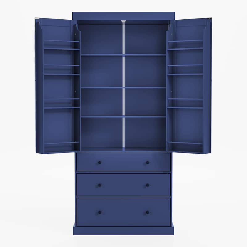 77"Farmhouse Kitchen Pantry, Freestanding Tall Cupboard Storage Cabinet with 3 Adjustable Shelves, 8 Door Shelves, 3 Drawers