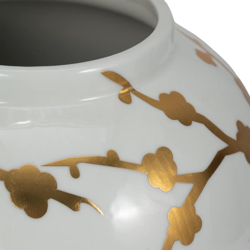 Sagebrook Home Elegance 14" White Ceramic Temple Jar with Gold Cherry Blossom - Chinoiserie Accent Piece