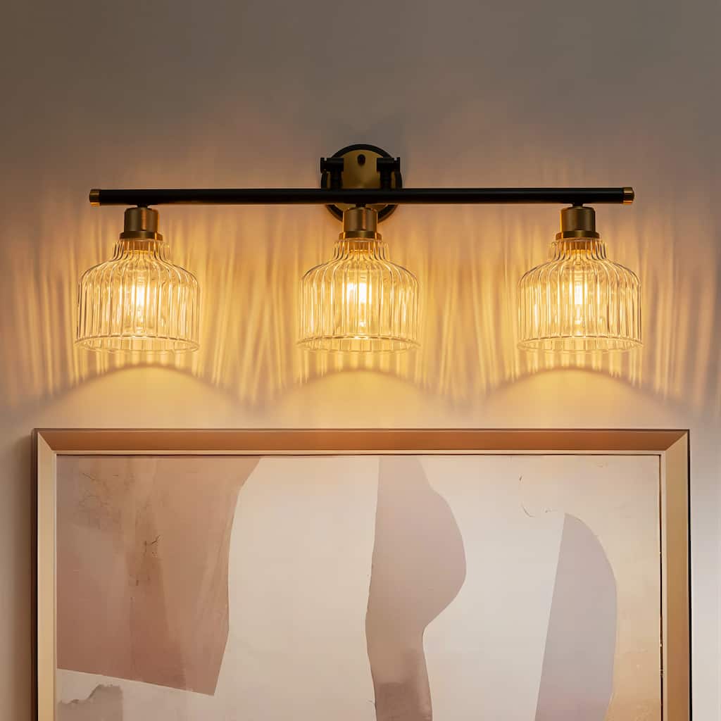 3-Light Black and Gold Bathroom Vanity Light with Clear Glass Shades, Modern Wall Sconce Fixture