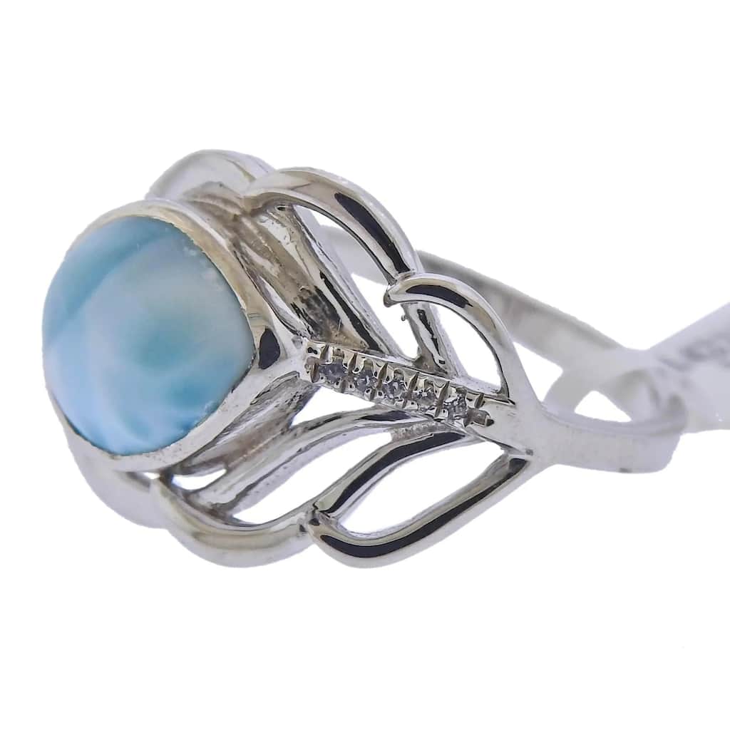 Marahlago Sterling Silver Larimar White Sapphire Feather Ring