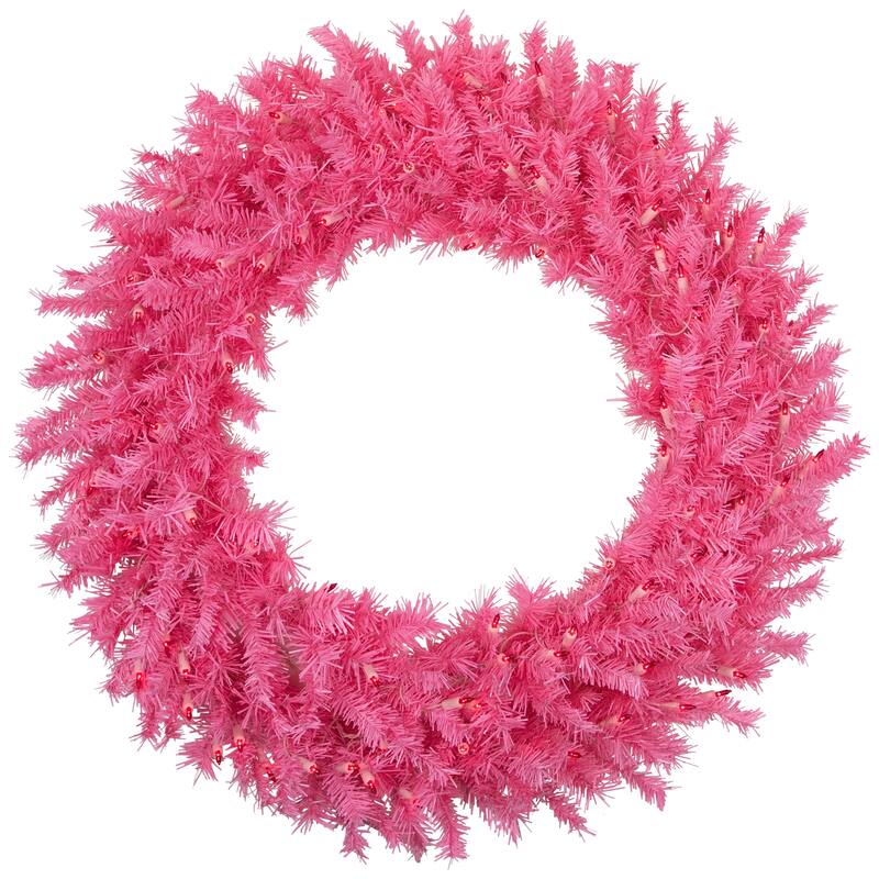 36" Pre-Lit Pink Spruce Artificial Christmas Wreath, Pink Lights