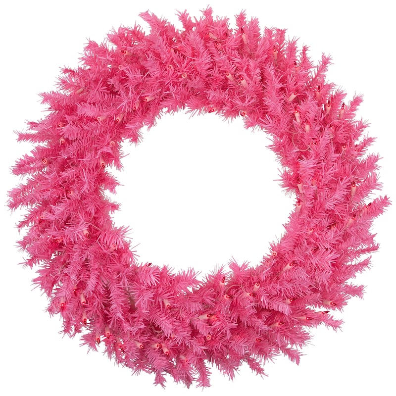 36" Pre-Lit Pink Spruce Artificial Christmas Wreath Pink Lights