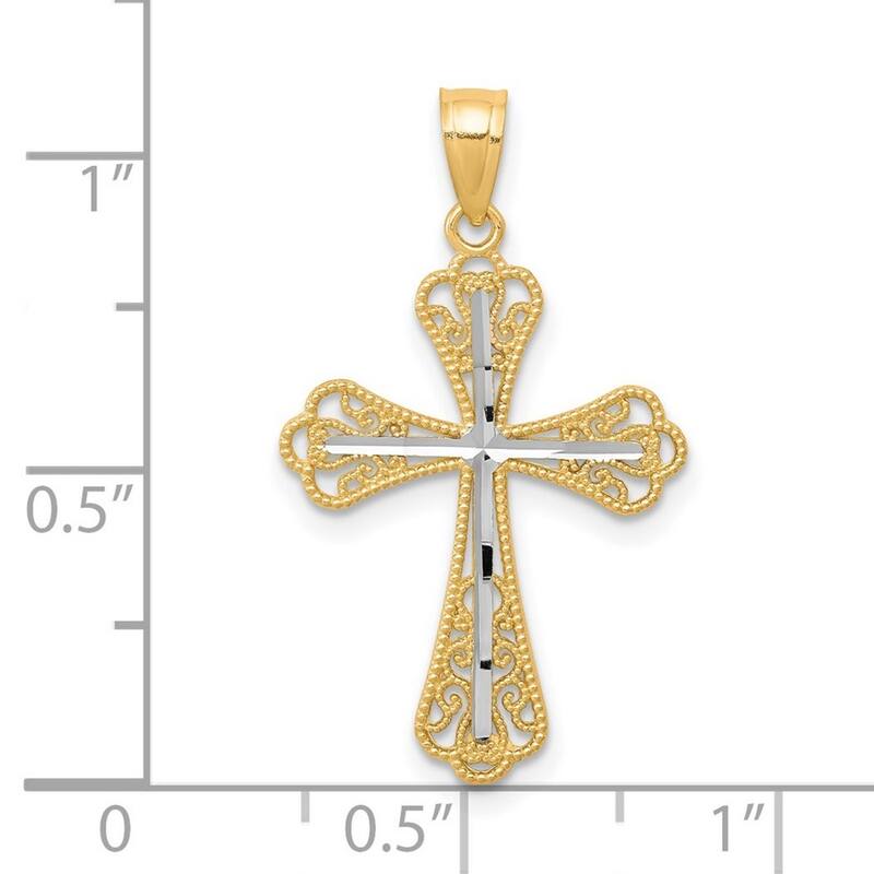 Curata 10k Yellow Gold 18" Rhodium Diamond-Cut Filigree Cross Necklace - 30x16mm