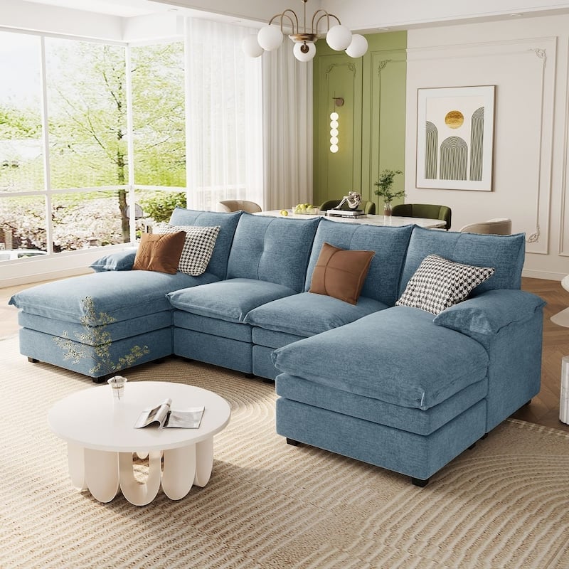 Modern Chenille U-shaped Sectional Sofa with Adjustable Armrest Pillows for Living Room