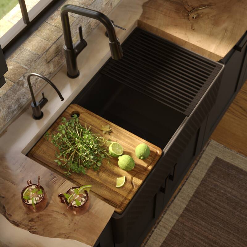 Karran 33" Single Bowl Workstation Fireclay Kitchen Sink with Reversible Diamond/Flat Apron Front