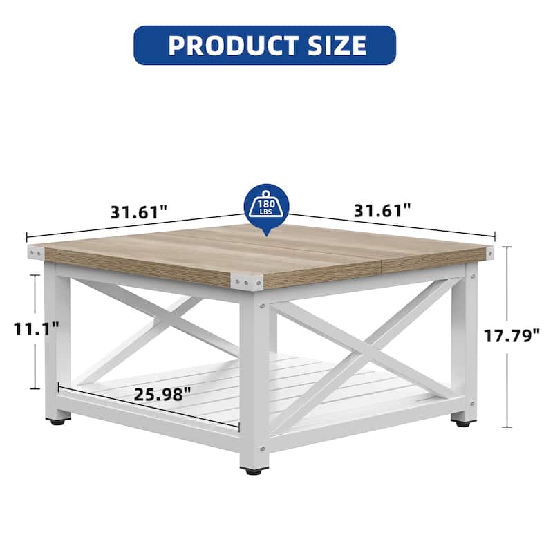Moasis 31" Square Farmhouse Coffee Table with Shelf, 2-Tier Center Table with Storage