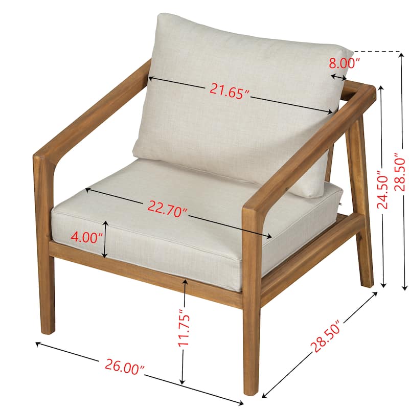 Roomfitters Outdoor Chat Set 4 Piece Acacia Wood Slat Seating Cushioned Club Chairs, Teak Beige
