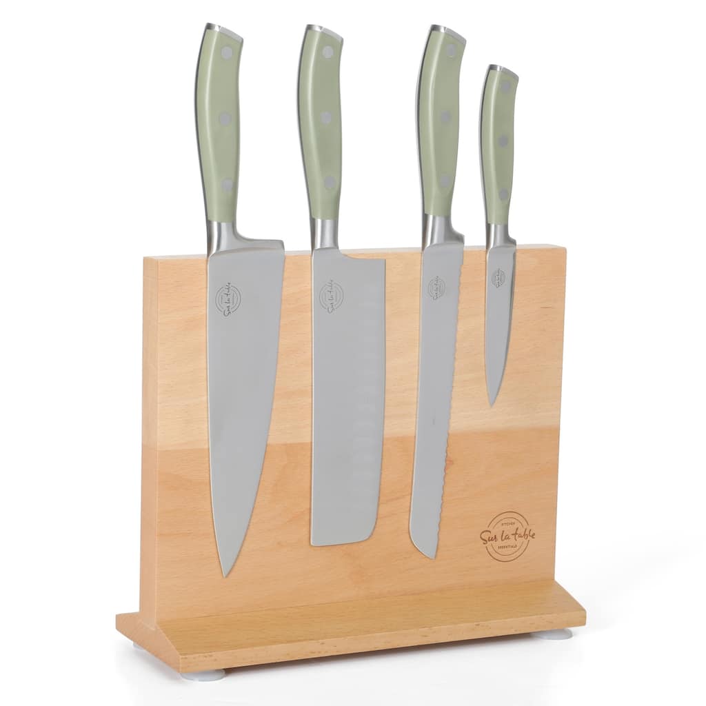 Sur La Table Kitchen Essentials 5 Piece German Steel Blade With Triple Riveted Handle Set on Beechwood Magentic Block