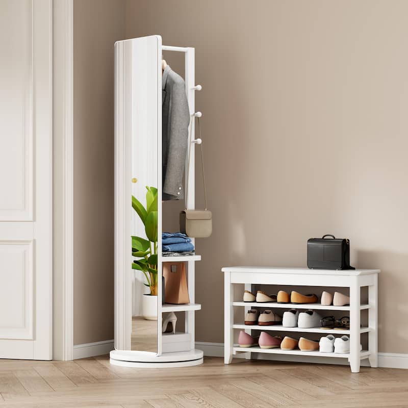 360° Rotating 69"x16" Multifunctional Full Length Mirror with Hook Storage Rack Coat Rack with Mirror Solid Wood Floor Mirror