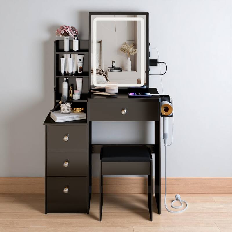 Compact Makeup Vanity with Power Outlets, Type-C Charging, Touch Mirror & Stool, 29.2" Dresser for Small Space - Black