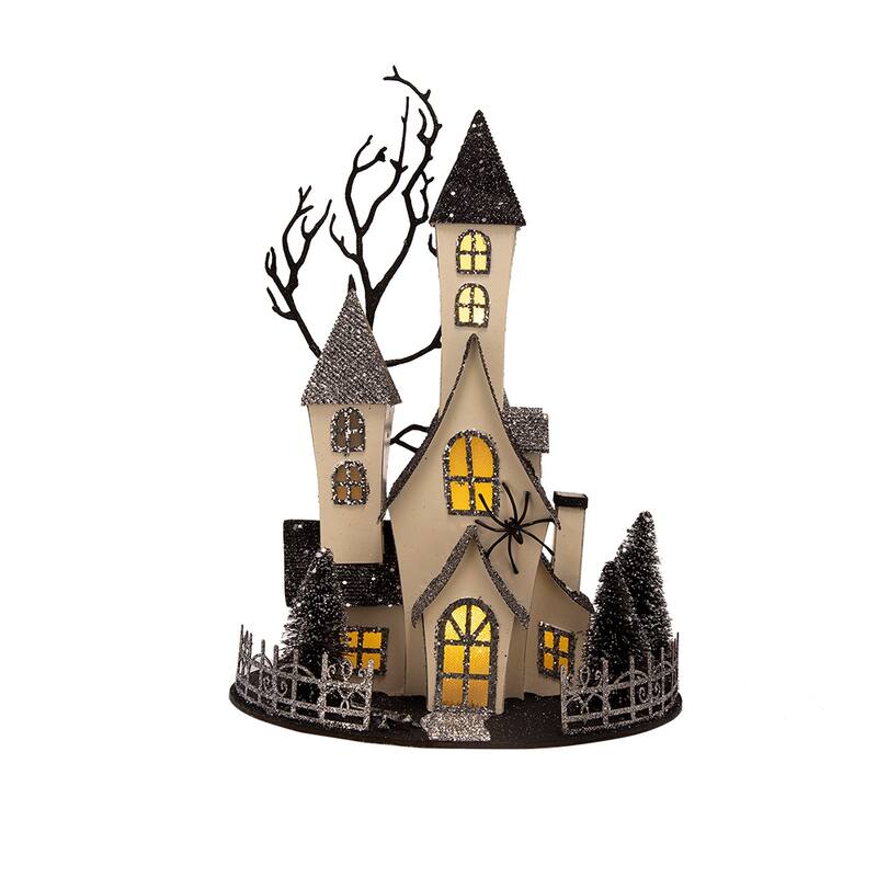 10x8.3x13.5" Cardboard Lighted Haunted House, Black Beige Tabletop holiday halloween decor, Battery Powered