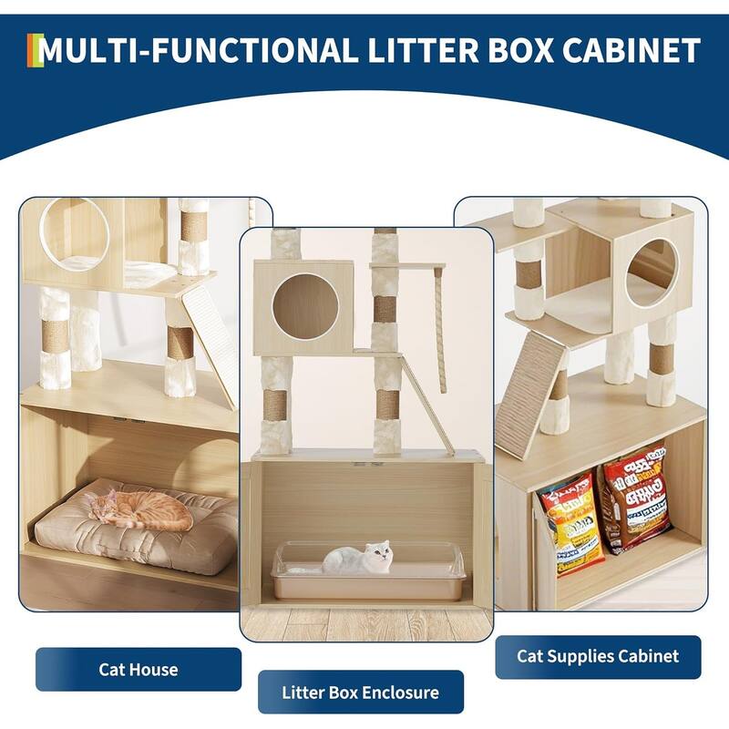 Cat Tree with Litter Box Enclosure, 2-In-1 Modern Cat Tower, 66.9-Inch Tall Cat Condo