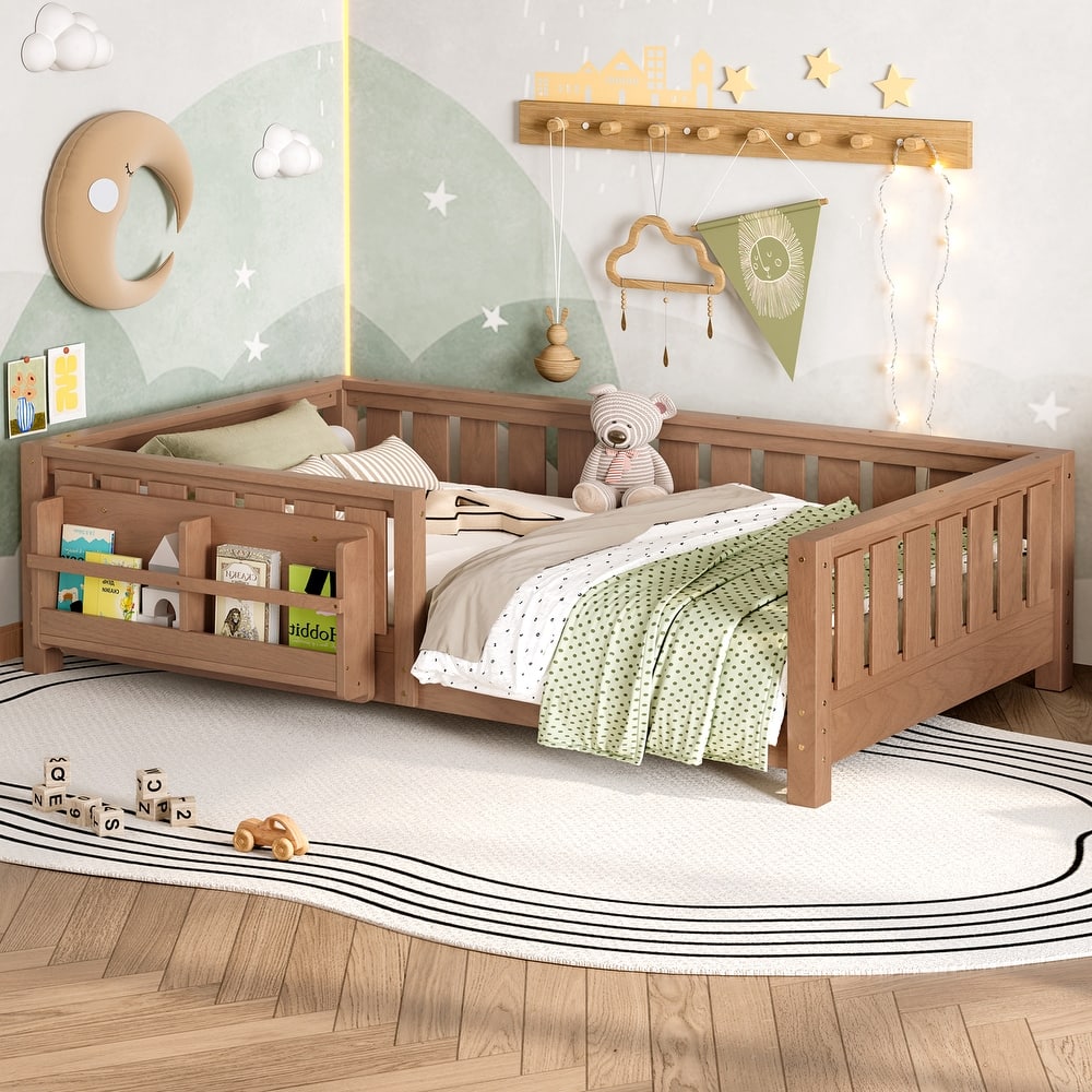 Montessori Floor Bed Low Profile Kids Bed with Rails & Bookshelf