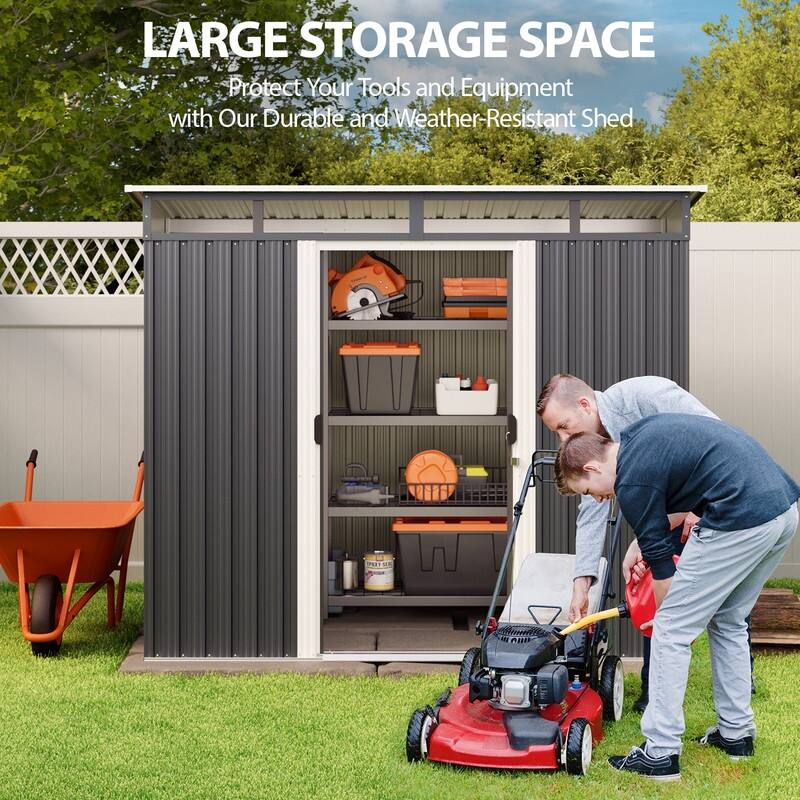 8' x 6' Outdoor Metal Storage Shed with Sliding Door, Multi-Functional Garden Shed with Glass Window and Anchor Bolts