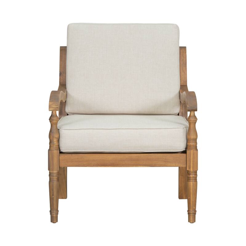Roomfitters Outdoor Acacia Wood Club Chair with Waterproof Cushions, Lattice Back Patio Seating, Natural and Beige