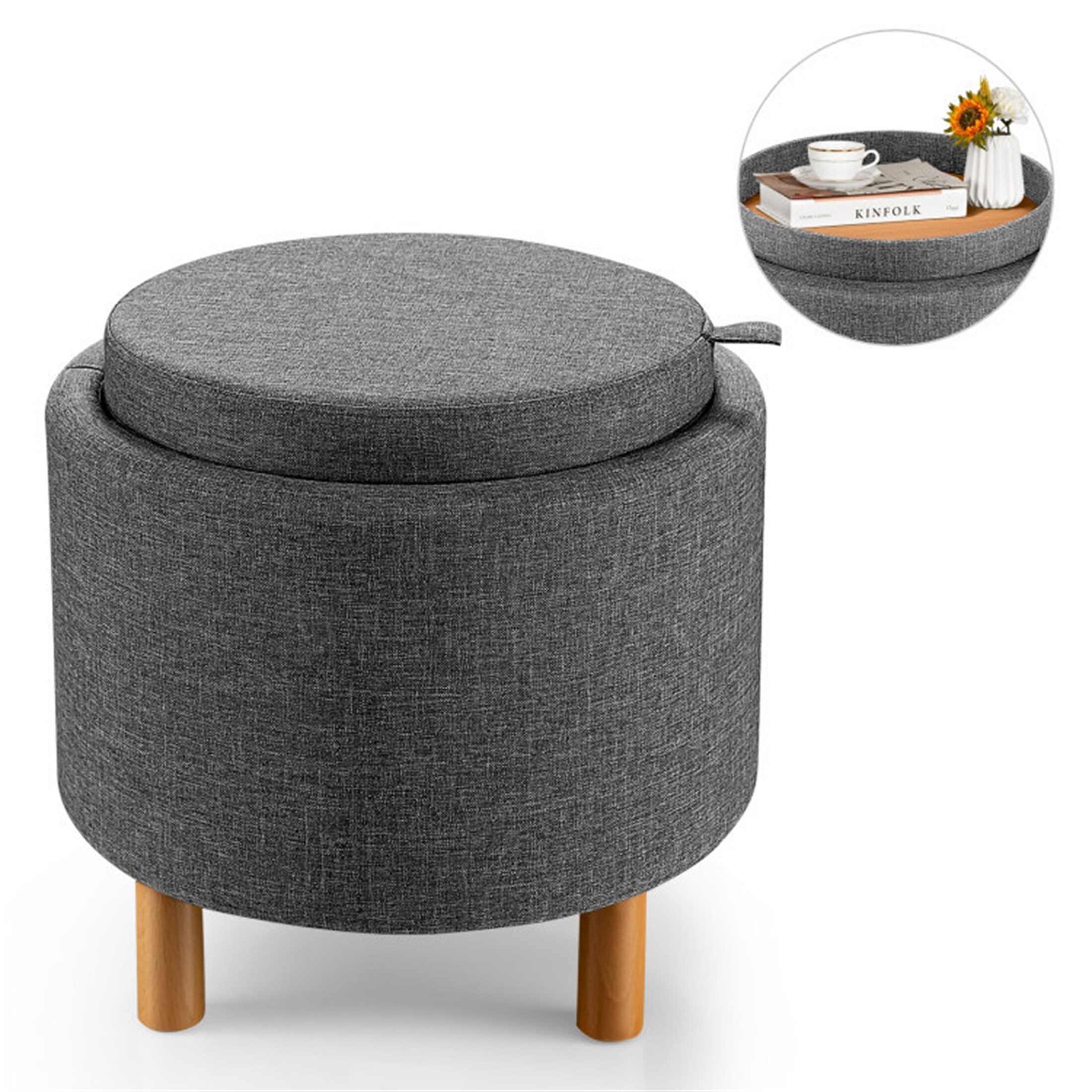 Round Fabric Storage Ottoman with Tray and Non Slip Pads for