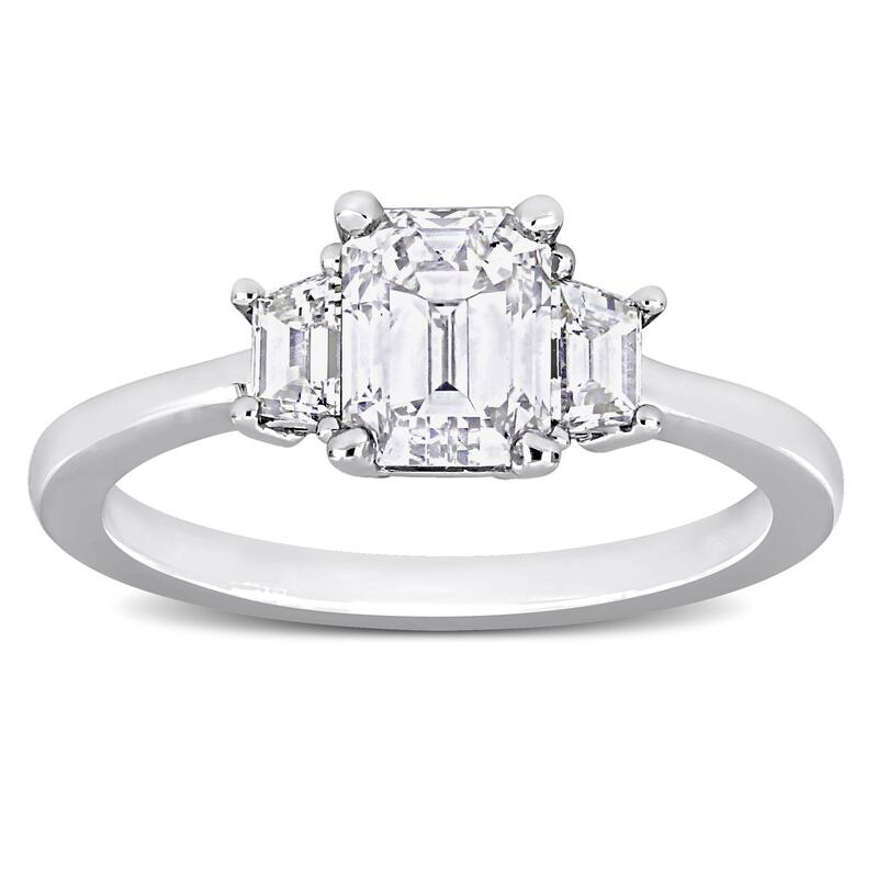Miadora 1 7/8ct TDW Emerald and Trapezoid-Cut Diamond 3-Stone Engagement Ring in 14k White Gold