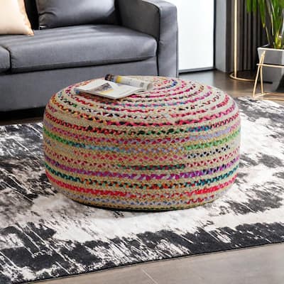Jute Woven Round Pouf Ottoman with Handcrafted Boho Accent Stool and Polystyrene Bead Filling